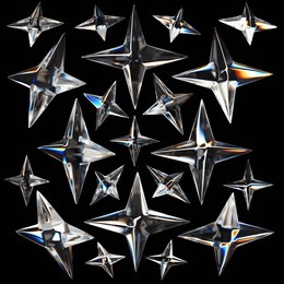 3d rendering glassy sparkle star in various projections set isolated on black background. set of all rotation views. elements for design. glassmorphism sparkle star icon. 3d illustration.