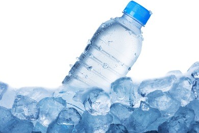 cold water bottle on ice cubes