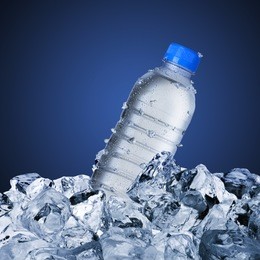 cold water bottle on ice cubes