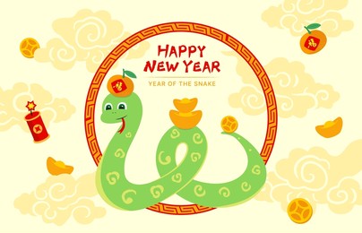 chinese new year banner. year of the snake 2025. chinese words fook on mandarin means "luck". lunar traditional background. greeting card template. asia oriental decoration. cute snake cartoon. 