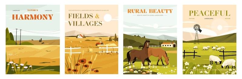 agricultural landscape covers. farm panorama with combine harvester, trees and animals, farm scene with tractor and animals. vector rural panoramic illustration. countryside with horses and sheep