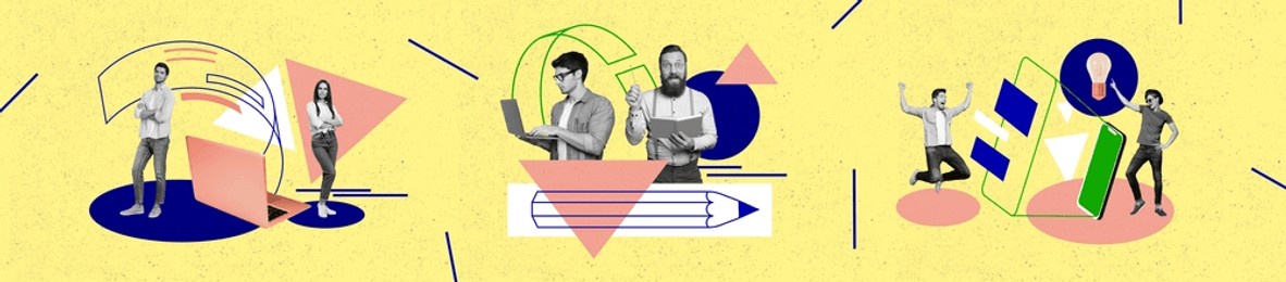 banner collage picture of successful young people working together idea plan task decision isolated on drawing background