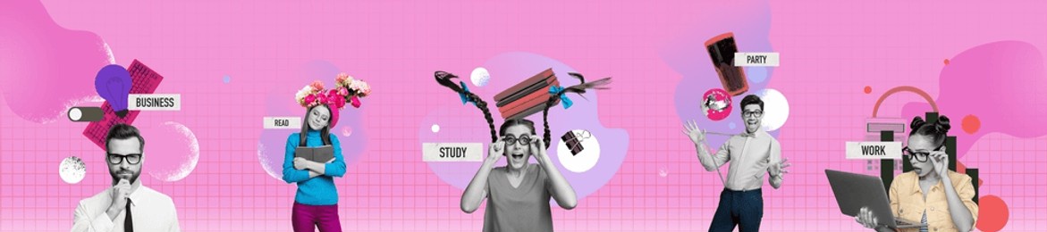 composite artwork collage picture of people read business study party work isolated on creative pink background