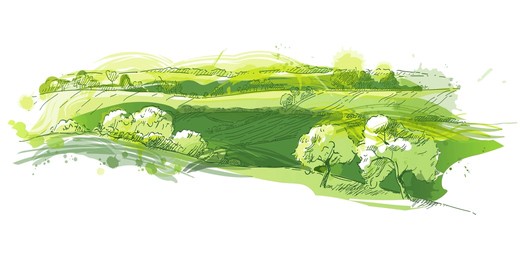 watercolor green field landscape on small hill. vector meadow grass, nature, pasturage, farm. rural scenery landscape panorama of countryside pastures.