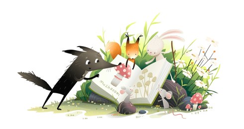 cute animals reading book in nature. rabbit mouse wolf and squirrel study a book about mushrooms in forest landscape. kids illustration for story or fairytale. hand drawn vector cartoon for children.