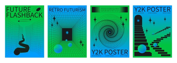 set of retrowave techno banners. vector realistic illustration of y2k aesthetic blue and green gradient posters with wireframe portal perspective, star icons, retro futuristic vibe collage flyers
