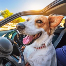 happy pet in the car, sunny day
