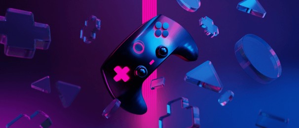 3d illustration rendering of joystick button controller floating for gamer technology futuristic cyberpunk display, gaming scifi stage pedestal background