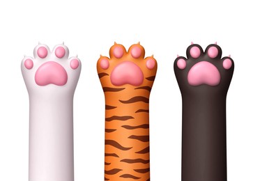 cat paws of different colors isolated on pink background. 3d rendering with clipping path