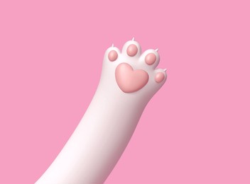 white cat paw with heart isolated on pink background. 3d rendering wiyh clipping path