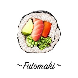 futomaki sushi roll containing salmon meat, sweat pepper rice, caviar, avocado, cucumber on a white background. japanese cuisine, traditional food icon. pixel perfect isolated vector illustration