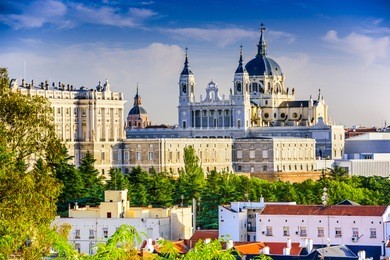 madrid, spain skyline at santa maria la real de la almudena cathedral and the royal palace.