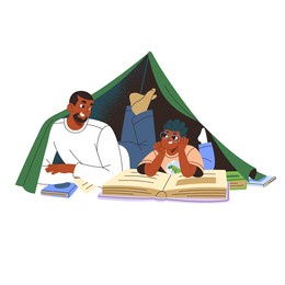 father teaches his kid reading. dad and child study, learning book together. family lying in tent from blanket. funny activity with daddy indoor. flat isolated vector illustration on white background
