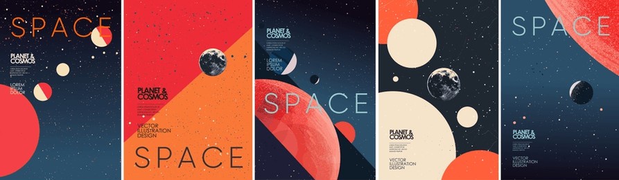 space, planets and galaxy. set of futuristic space posters featuring planets, cosmos, and abstract geometric shapes. perfect for astronomy enthusiasts, science fiction themes, and modern wall art