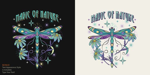 mysterious label with fantasy colored dragonfly, chamomile flower, text magic of nature. vintage style. editable text graphic style is included. for clothing, apparel, t-shirts, surface decoration.