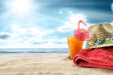 red towel and glass of juice 