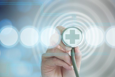 doctor hand with stethoscope, medicine concept, screen background