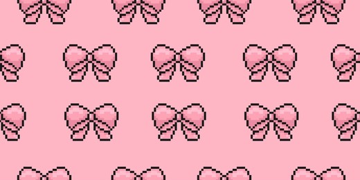seamless pattern with pink bows in pixel art style, bowknots, ribbons, pattern for wrapping, textile, printing, notebooks and more, vector illustration