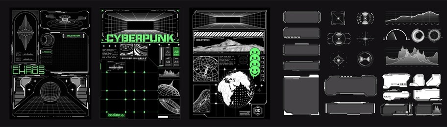 cyberpunk-themed user interface elements, including holographic displays, grids, graphs, and futuristic design components. ideal for sci-fi and technology projects. collection of futuristic posters.