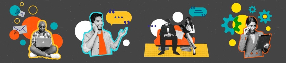 panoramic creative collage business people workers efficiency set up configure project management corporate colleagues businesswoman man