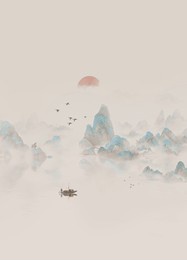 hand drawn landscape painting with artistic conception, new chinese style landscape painting, retro landscape painting