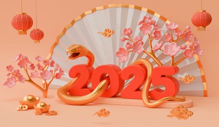 snake is a symbol of the 2025 chinese new year. 3d render illustration of snake writhing around the numbers 2025, gold ingot, lanterns, coins and sakura flowers. concept lunar calendar