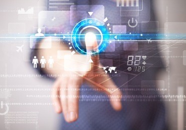 business woman touching future web technology buttons and icons  