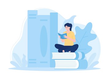 reading education  female student sitting and reading a book trending concept flat illustration