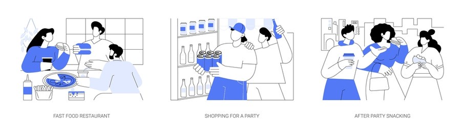 students having fun isolated cartoon vector illustrations set. diverse young people sitting at fast food restaurant, teenagers shopping for a party, having snack after night club vector cartoon.