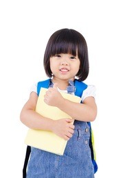 lovely asian preschooler raised her thumbs up