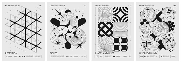 brutalist style vector minimalistic posters with silhouette basic figures, retro futuristic graphic elements of geometrical shapes rave composition, modern monochrome print artwork, set 62
