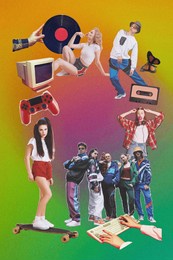 music and leisure. blend of gadgets and old style fashion of young people. digital entertainment in 2000s. creative collage. concept of youth culture, y2k, fashion, 90s, generation z