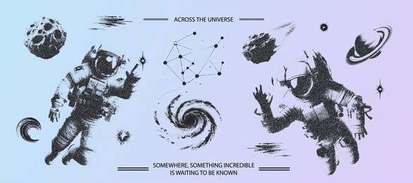  trendy grunge texture cosmo universe set with a retro halftone grain effect. dotted stipplism photocopy texture. y2k vintage elements for design astronaut, meteor, galactic, planet, asteroid, galaxy