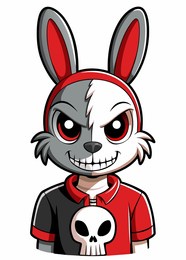 a cartoon rabbit wears a red and black shirt with a skull design
