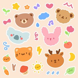 cute animal faces and nature elements sticker set. adorable sticker set features kawaii style animal faces and nature elements in a playful and colorful design.