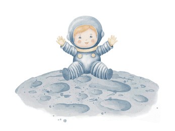 cosmonaut watercolor illustration. hand drawn astronaut sitting on a planet. drawing of boy spaceman for baby shower greeting cards or birthday invitation pastel blue and beige colors.