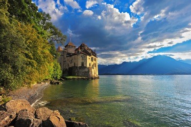 cold  lake in the mountains. lake geneva in the fall on a sunny day. montreux, switzerland