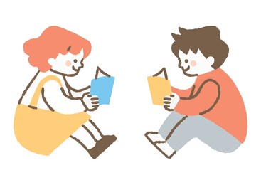 boy and girl reading books facing each other_color