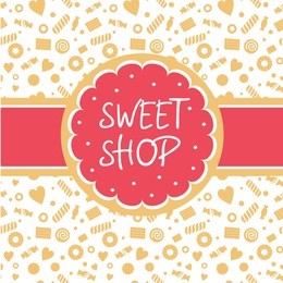 sweet shop. vector logo with the image of cake, biscuits round shape tape. background depicting confectionery. white, pink, sand shades