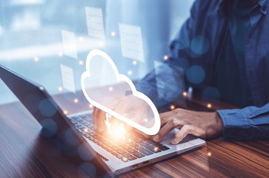 businessman using cloud computer technology and storage online for computer business network ideas connected to internet server services for cloud transfer shown in the future network of data.