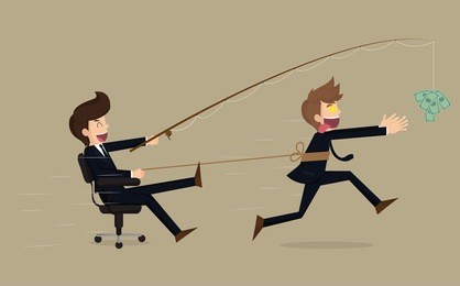 stressed greedy businessman running after money, vector cartoon.vector