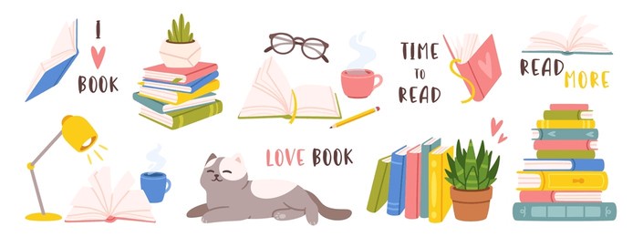 reading and book. cartoon colorful elements reading lovers. open books, stack book, cozy atmosphere, houseplant sleeping cat, glasses, cup of tea. vector set