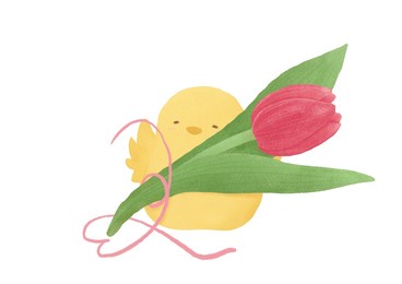 illustration of a chick and red tulips