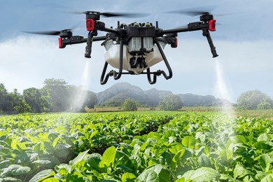 an industrial drone on green field. sprays useful pesticides to increase productivity and destroy harmful insects. increase productivity. modern technologies in agriculture