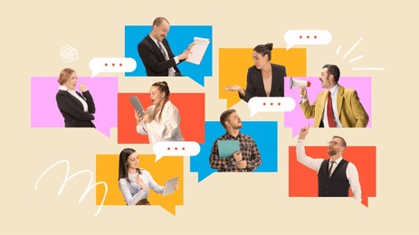 poster. contemporary art collage. workers, each using different devices in colorful speech bubbles, symbolizing dynamic online meeting. concept of remote working and studying, teamwork, online. ad