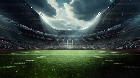 dynamic stadium. large, modern stadium filled with enthusiastic fans, green football field under dramatic sky, lit by stadium lights. 3d render. concept of sport, event, tournament, game, championship