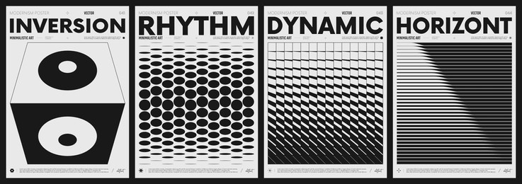 modern abstract poster collection, vector minimalist posters with geometric shapes in black and white, brutalist style inspired graphics, bold aesthetic, shape distortion effect set 11