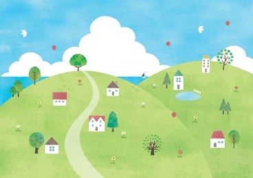 cumulonimbus clouds, sky, sea, mountains and houses