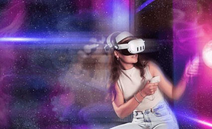 stylized shot of young girl with vr goggles and controllers, immersed in futuristic virtual reality game with dynamic, colorful lights and cosmic visuals capturing excitement and thrill of experience