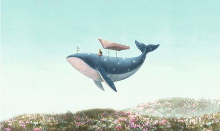 boy and whale and book. education, imagination and dream concept art. surreal illustration. conceptual artwork.